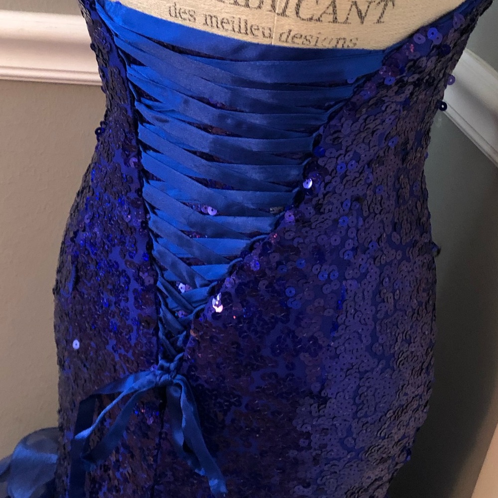🔴CLEARANCE NEW TIFFANY DESIGNS SZ 2 ROYAL BLUE SEQUIN BEAD CORSET HIGH LOW GOWN - Picture 9 of 13